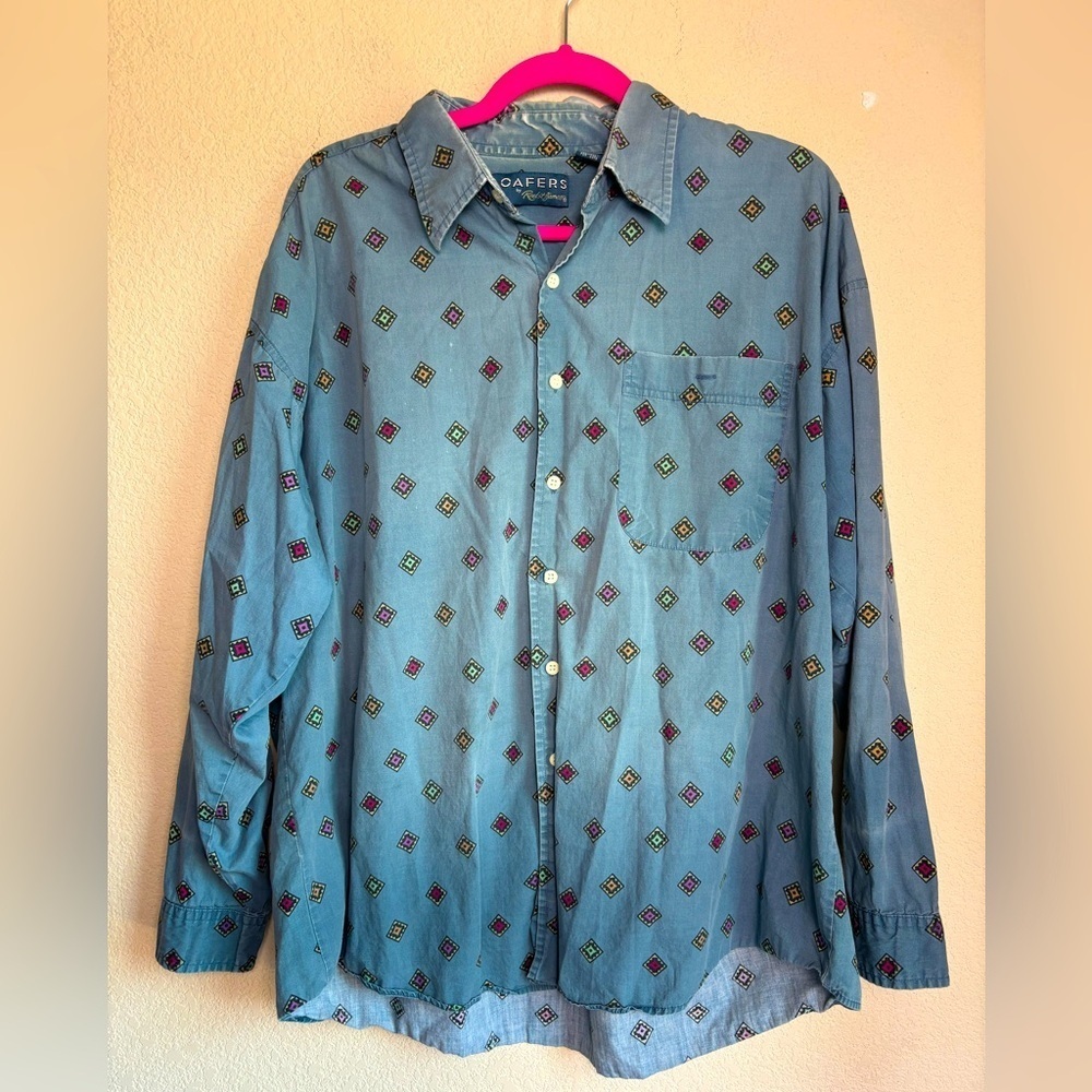 Vintage Loafers Chambray Denim Southwestern Geometric Print Button Down XL